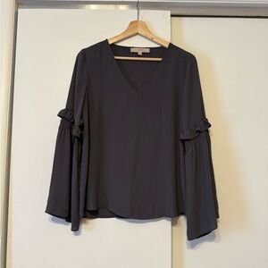 LOFT gray V-Neck Blouse with Ruffle Sleeves
